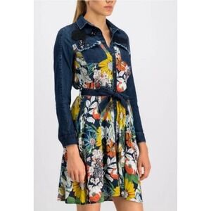Sz S, 6, 40, Whimsical Flowy Disigual Floral Chiffon Virginia Denim Dress Boho